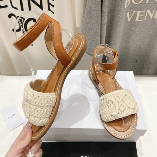 Celine LYMPIA SANDAL IN TRIOMPHE MACCRAMÉ COTTON & CALFSKIN ECRU TAN