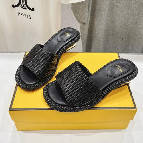 FENDI FENDI FFOLD MEDIUM-HEEL SANDALS 45 MM IN BLACK COTTON FIBRE