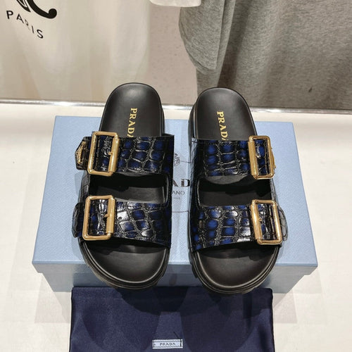 PRADA CROCODILE MOTIF STRAP SLIDES SANDALS BLACK AND LAPIS CALFSKIN