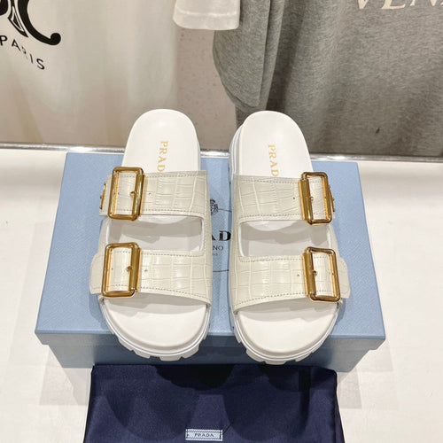 PRADA CROCODILE MOTIF STRAP SLIDES SANDALS WHITE CALFSKIN