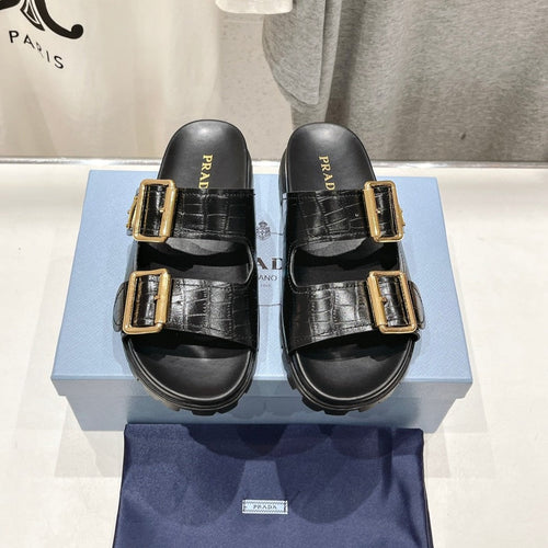 PRADA CROCODILE MOTIF STRAP SLIDES SANDALS BLACK CALFSKIN