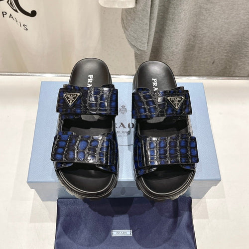 PRADA CROCODILE LEATHER MOTIF SANDALS BLACK AND LAPIS CALFSKIN