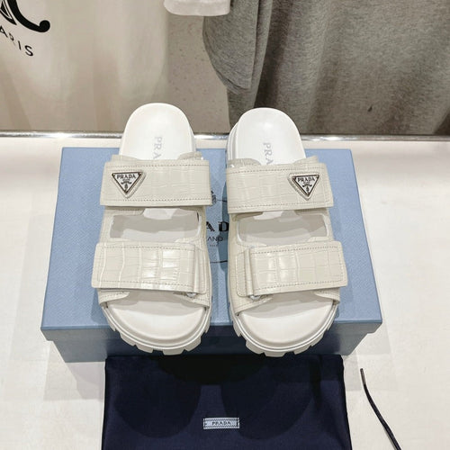 PRADA CROCODILE LEATHER MOTIF SANDALS WHITE CALFSKIN