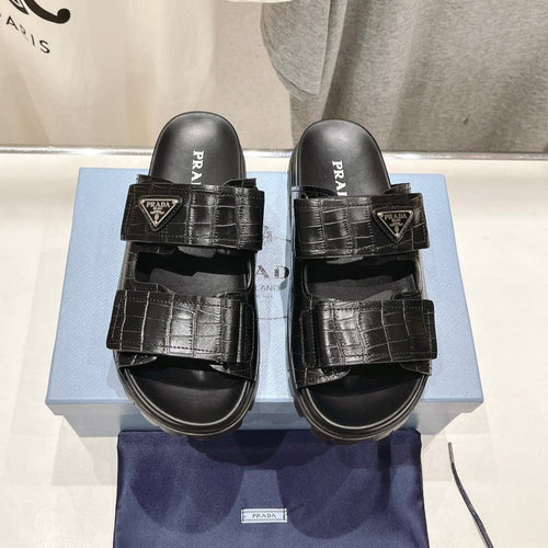 PRADA CROCODILE LEATHER MOTIF SANDALS BLACK CALFSKIN