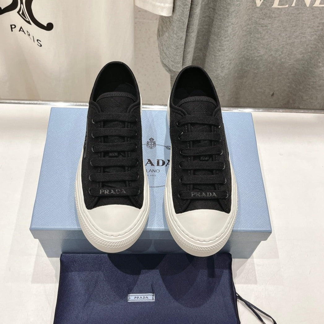 PRADA PRINTED COTTON SNEAKERS BLACK AND WHITE CANVAS
