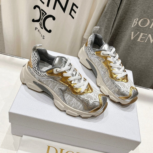 DIOR Vibe Sneaker White Mix Grey Gold Polyester Mesh Fabric And Cowhide