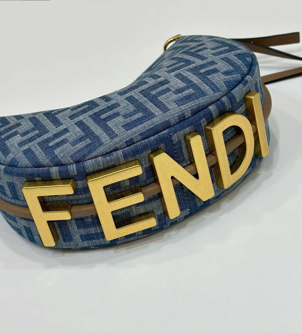 FENDI FENDIGRAPHY MINI 20 BAG IN AEGEAN BLUE DENIM FABRIC WITH GOLD HARDWARE
