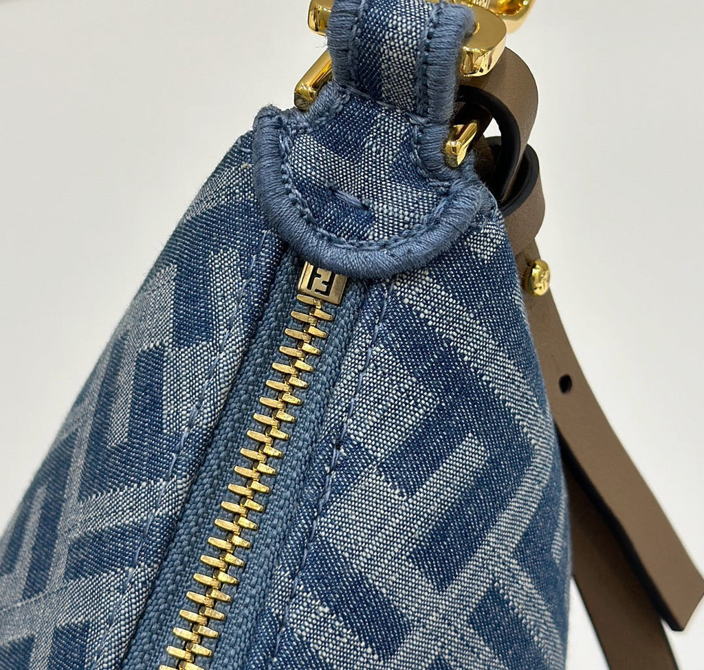 FENDI FENDIGRAPHY MINI 20 BAG IN AEGEAN BLUE DENIM FABRIC WITH GOLD HARDWARE