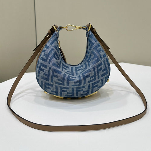 FENDI FENDIGRAPHY MINI 20 BAG IN AEGEAN BLUE DENIM FABRIC WITH GOLD HARDWARE