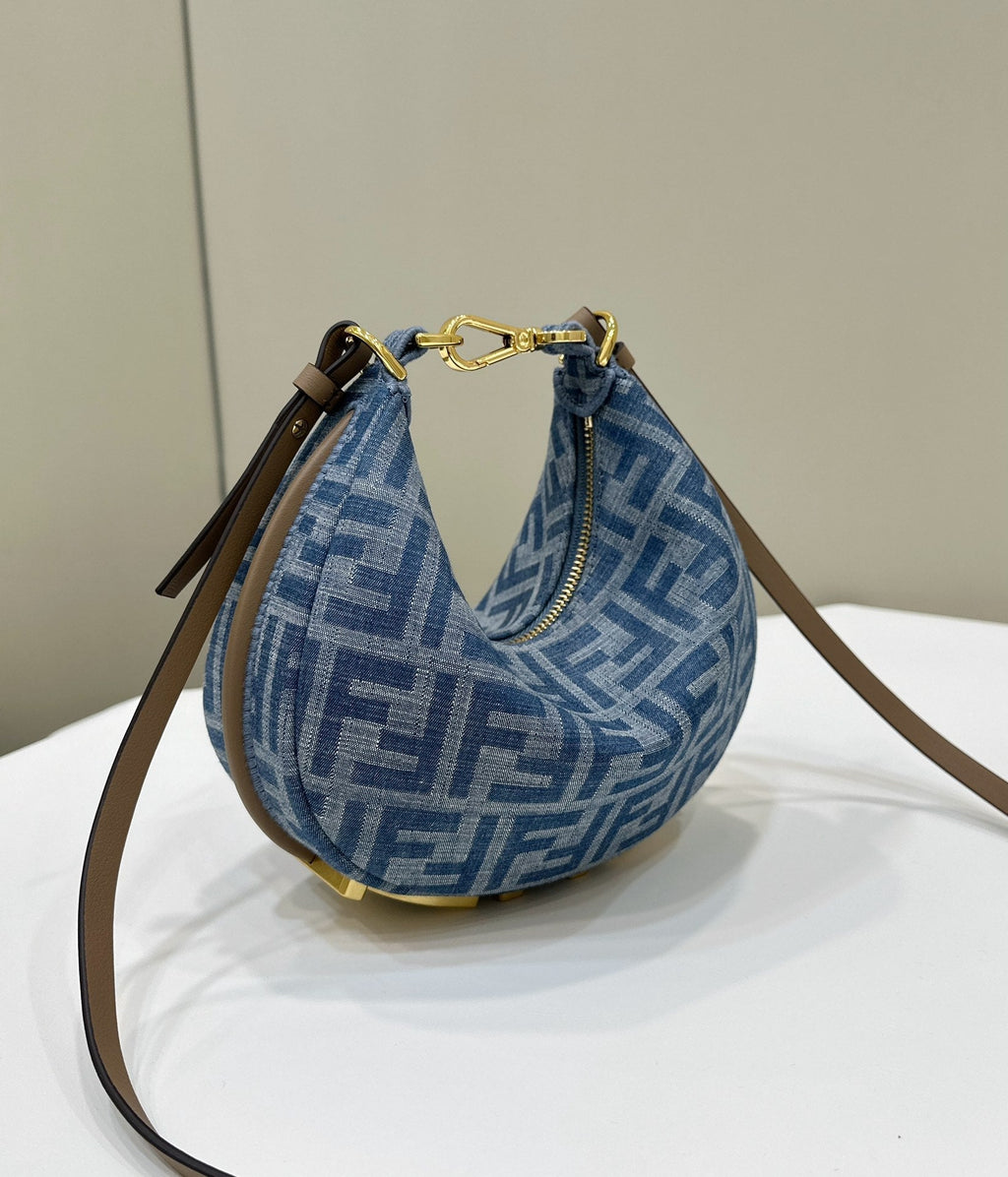 FENDI FENDIGRAPHY MINI 20 BAG IN AEGEAN BLUE DENIM FABRIC WITH GOLD HARDWARE