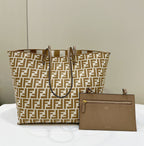 FENDI FENDI ROLL 33 TOTE BAG IN PEANUT BROWN MIX WHITE CANVAS