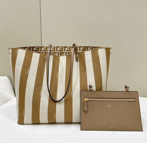 FENDI FENDI ROLL 33 TOTE BAG IN PEANUT BROWN MIX WHITE CANVAS