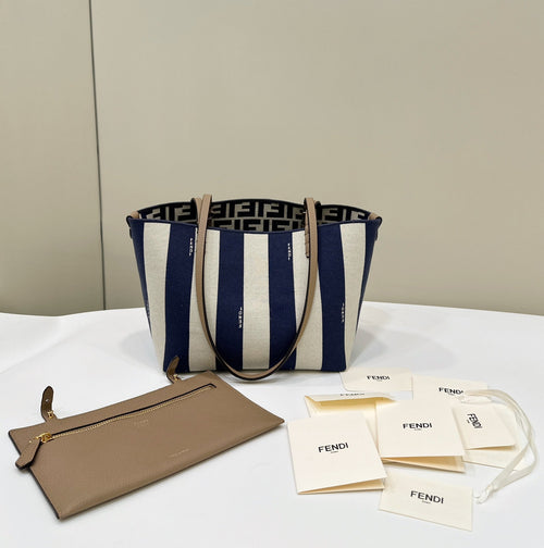 FENDI FENDI ROLL 22 TOTE BAG IN MIDNIGHT BLUE MIX WHITE CANVAS