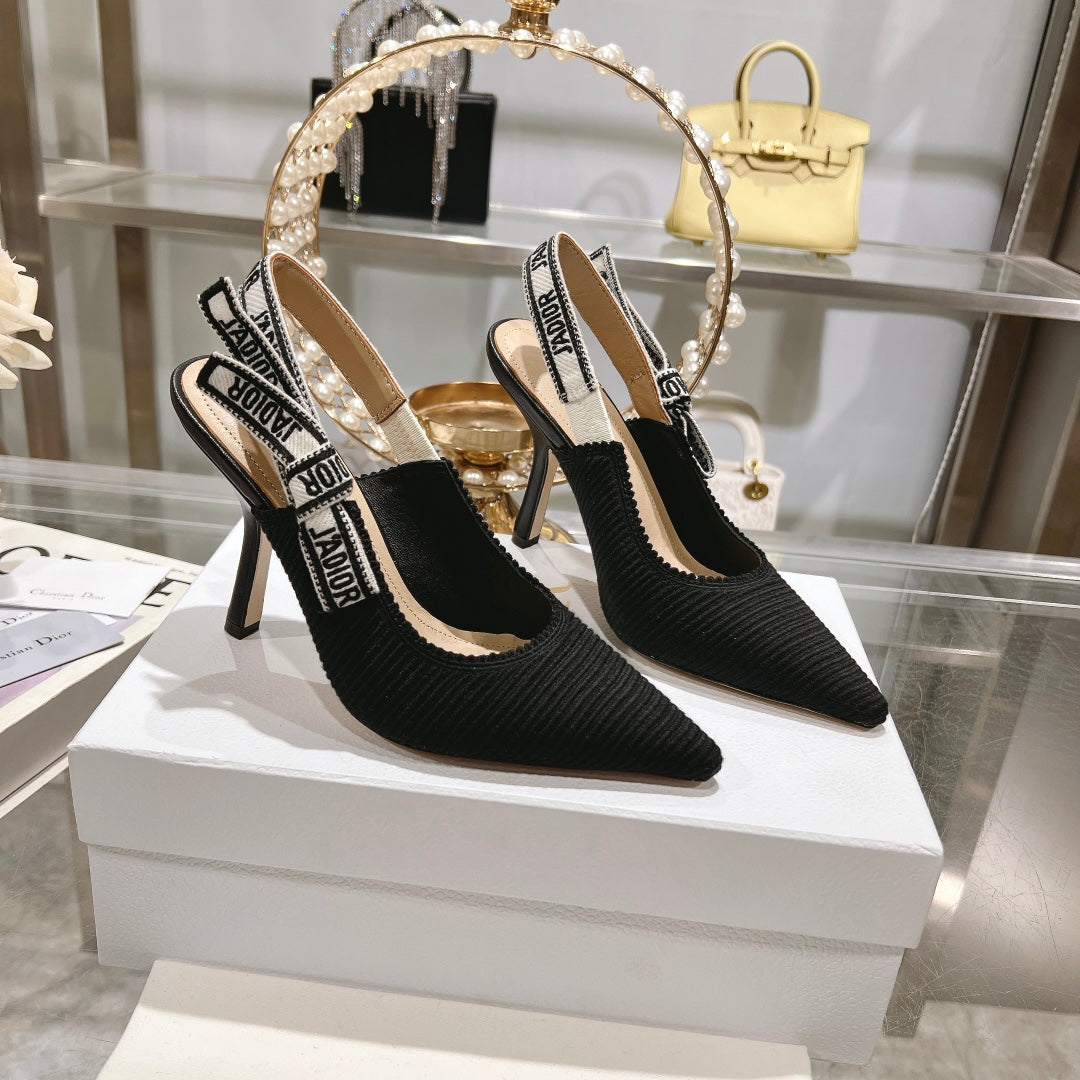 DIOR slingback pumps 95 black embroidered cotton ribbon