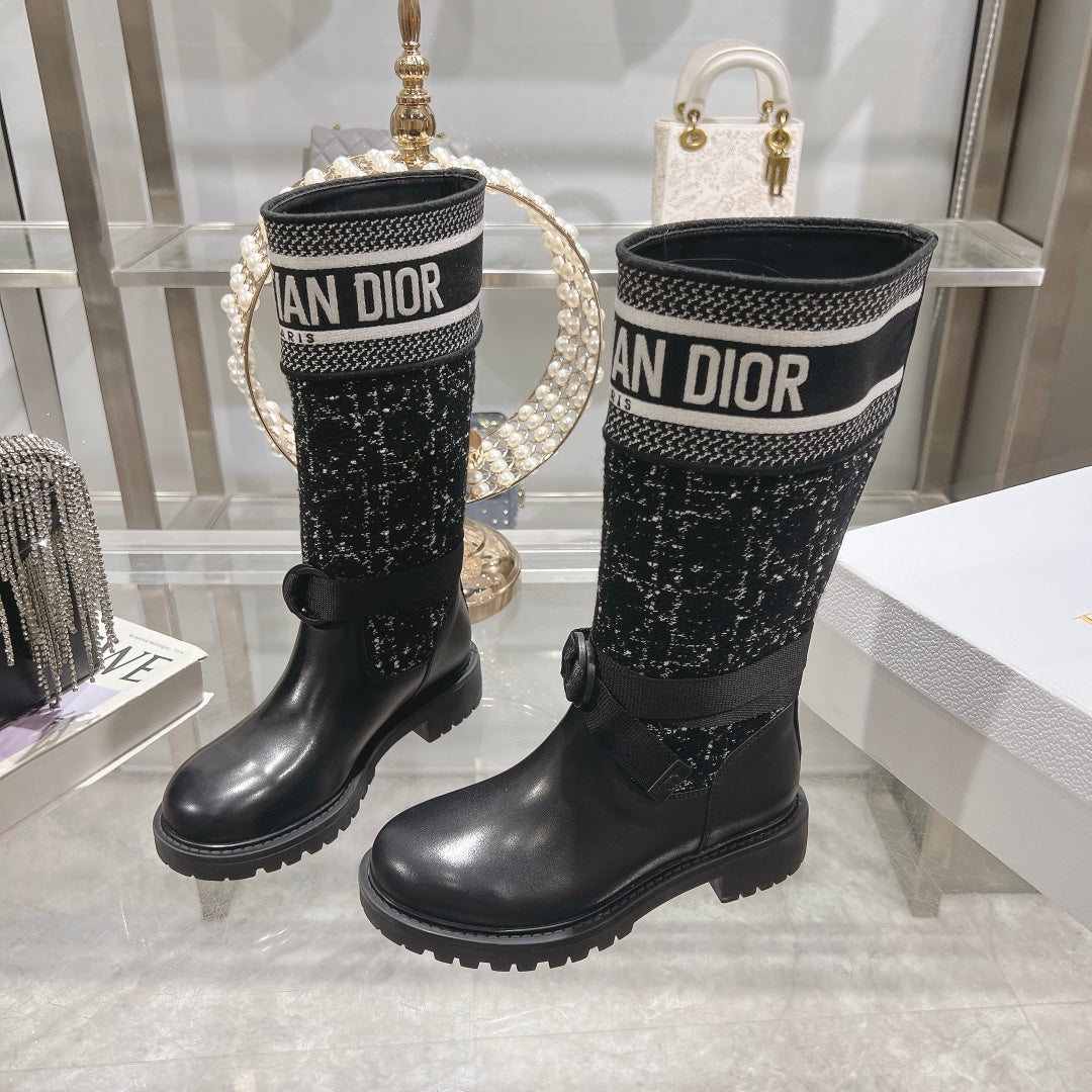 DIOR D-Major Boot Black Mix White Calfskin And Tweed Fabric