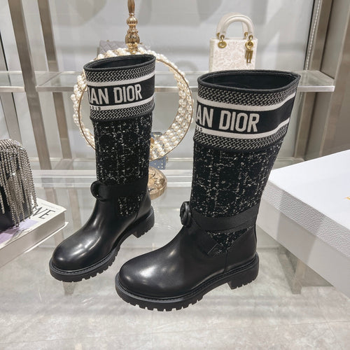 DIOR D-Major Boot Black Mix White Calfskin And Tweed Fabric