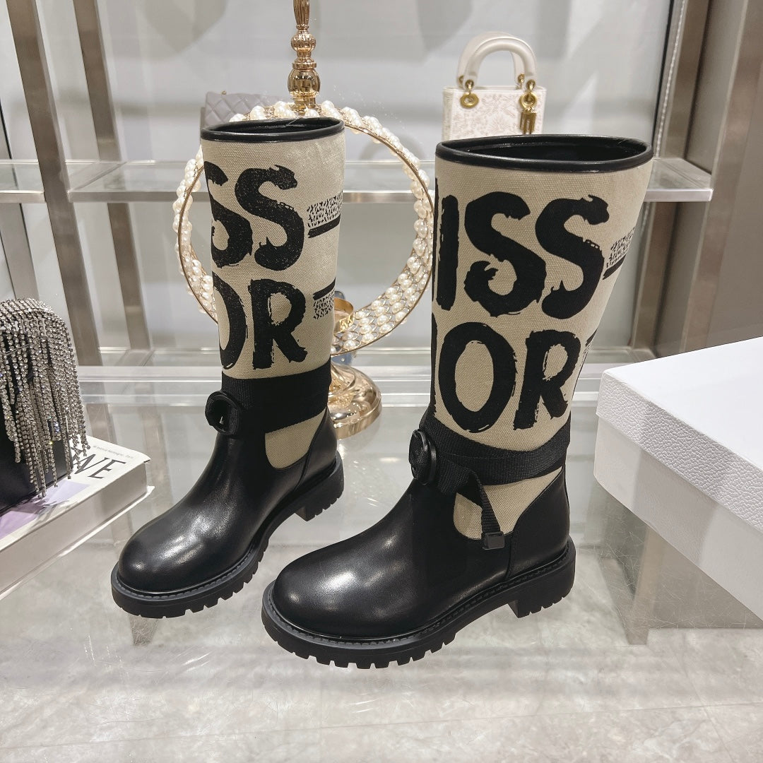 DIOR D-Major Boot Black Mix Beige Calfskin And Canvas