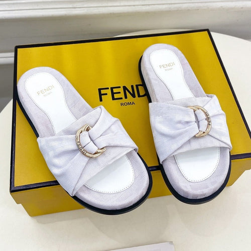 FENDI FENDI FLAT SLIPPER IN WHITE JACQUARD FABRIC WITH GOLD HARDWARE