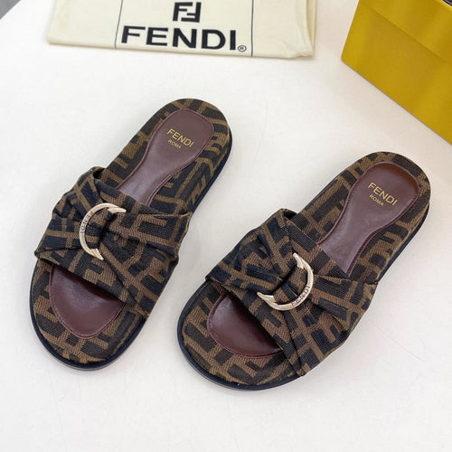 FENDI FENDI FLAT SLIPPER IN CHOCOLATE BROWN MONOGRAM JACQUARD FABRIC WITH GOLD HARDWARE