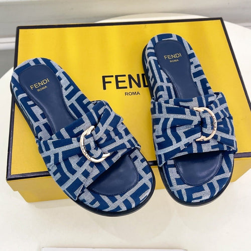 FENDI FENDI FLAT SLIPPER IN NAVY BLUE MONOGRAM JACQUARD FABRIC WITH GOLD HARDWARE