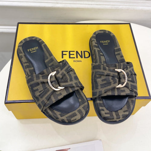 FENDI FENDI FLAT SLIPPER IN CEDAR BROWN MIX BLACK MONOGRAM JACQUARD FABRIC WITH GOLD HARDWARE