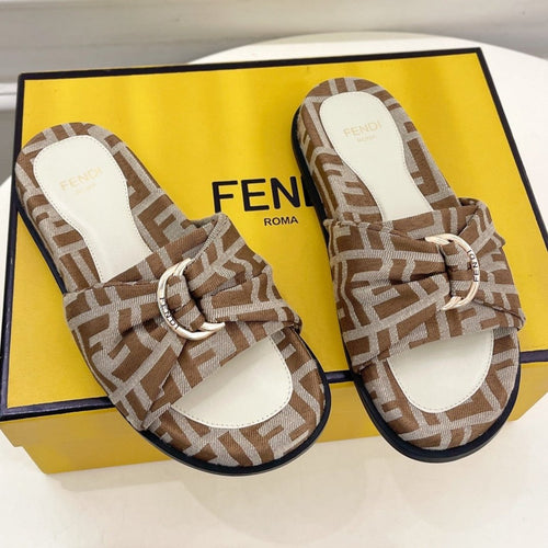 FENDI FENDI FLAT SLIPPER IN BROWN MONOGRAM JACQUARD FABRIC WITH GOLD HARDWARE