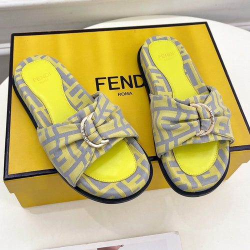 FENDI FENDI FLAT SLIPPER IN YELLOW MIX GREY MONOGRAM JACQUARD FABRIC WITH GOLD HARDWARE