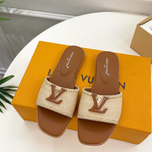 Louis Vuitton capri flat mule beige raffia dark brown calfskin