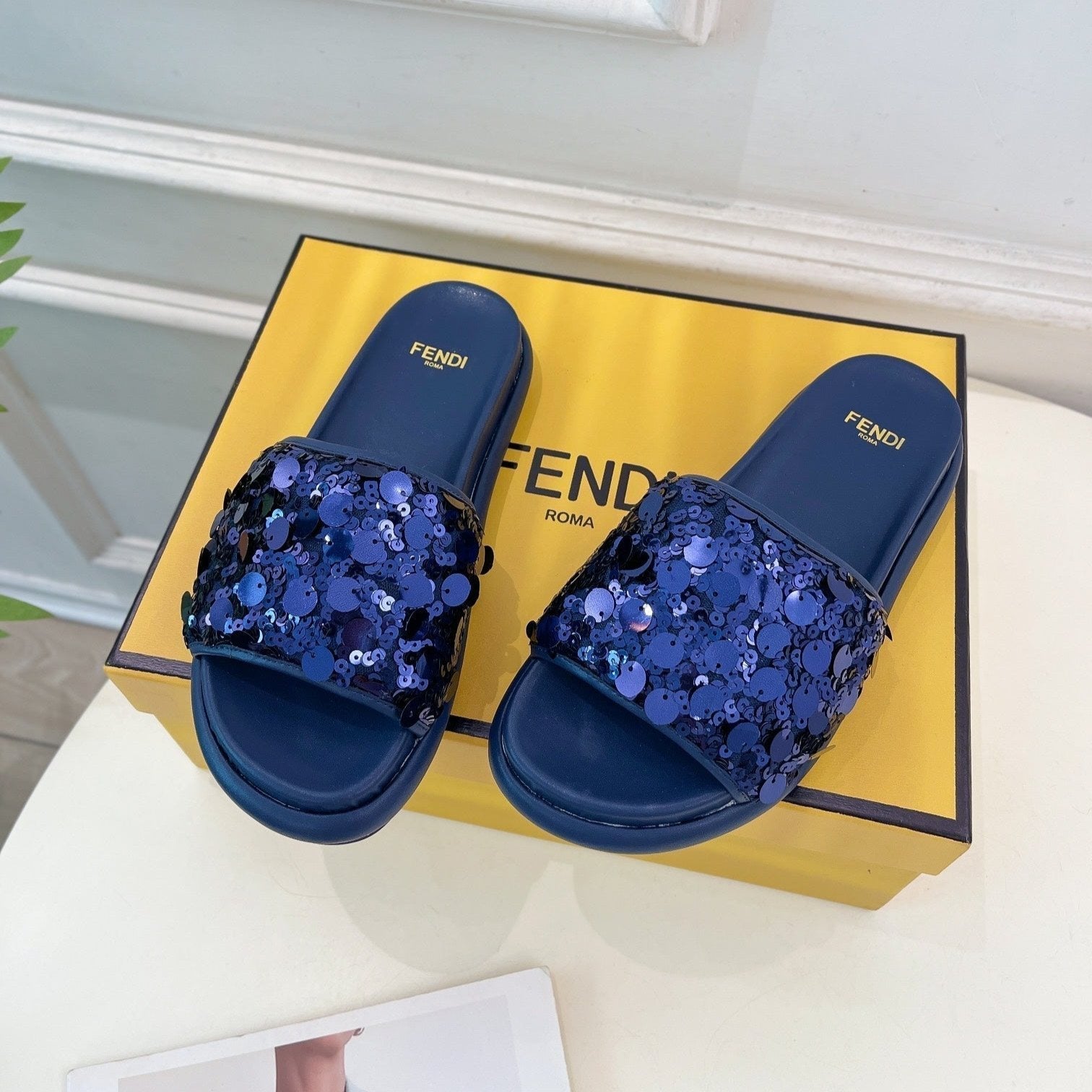 FENDI FENDI THICK SOLE 3 CM SEQUIN SLIPPER NAVY BLUE