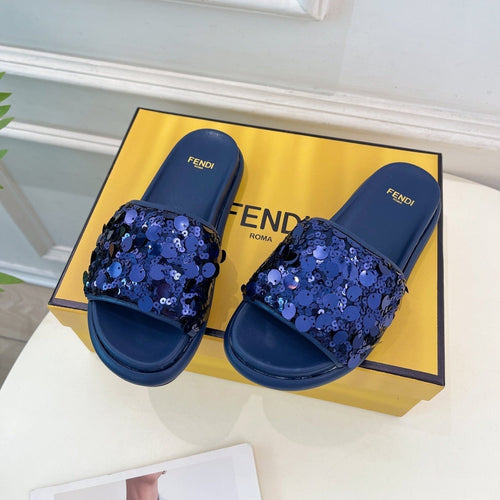 FENDI FENDI THICK SOLE 3 CM SEQUIN SLIPPER NAVY BLUE