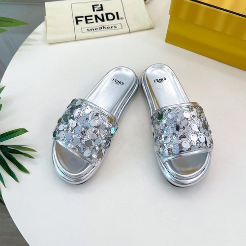 FENDI FENDI THICK SOLE 3 CM SEQUIN SLIPPER SILVER