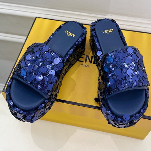 FENDI FENDI THICK SOLE 6 CM SEQUIN SLIPPER NAVY BLUE