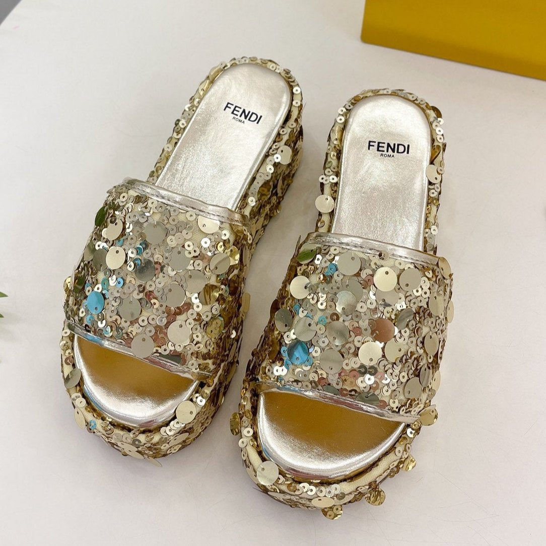 FENDI FENDI THICK SOLE 6 CM SEQUIN SLIPPER GOLD