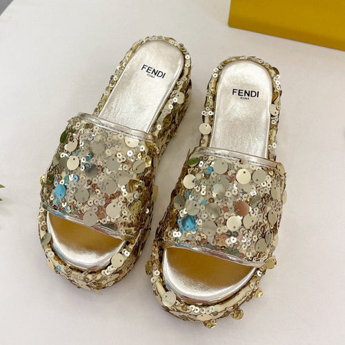 FENDI FENDI THICK SOLE 6 CM SEQUIN SLIPPER GOLD