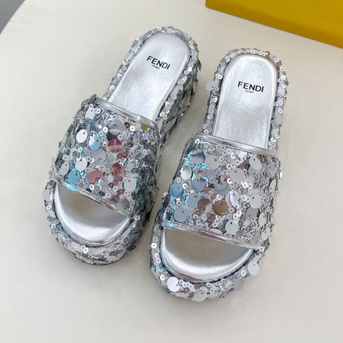 FENDI FENDI THICK SOLE 6 CM SEQUIN SLIPPER SILVER