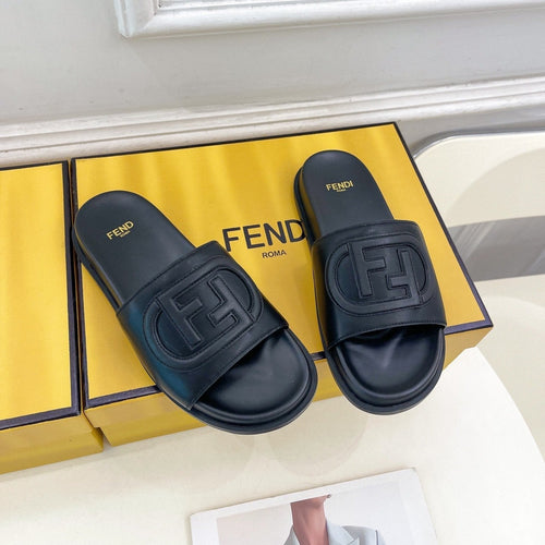 FENDI FENDI LOGO SLIDES IN BLACK CALFSKIN