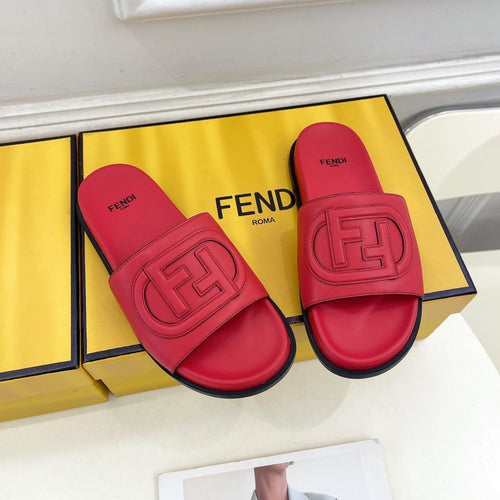 FENDI FENDI LOGO SLIDES IN CHERRY RED CALFSKIN