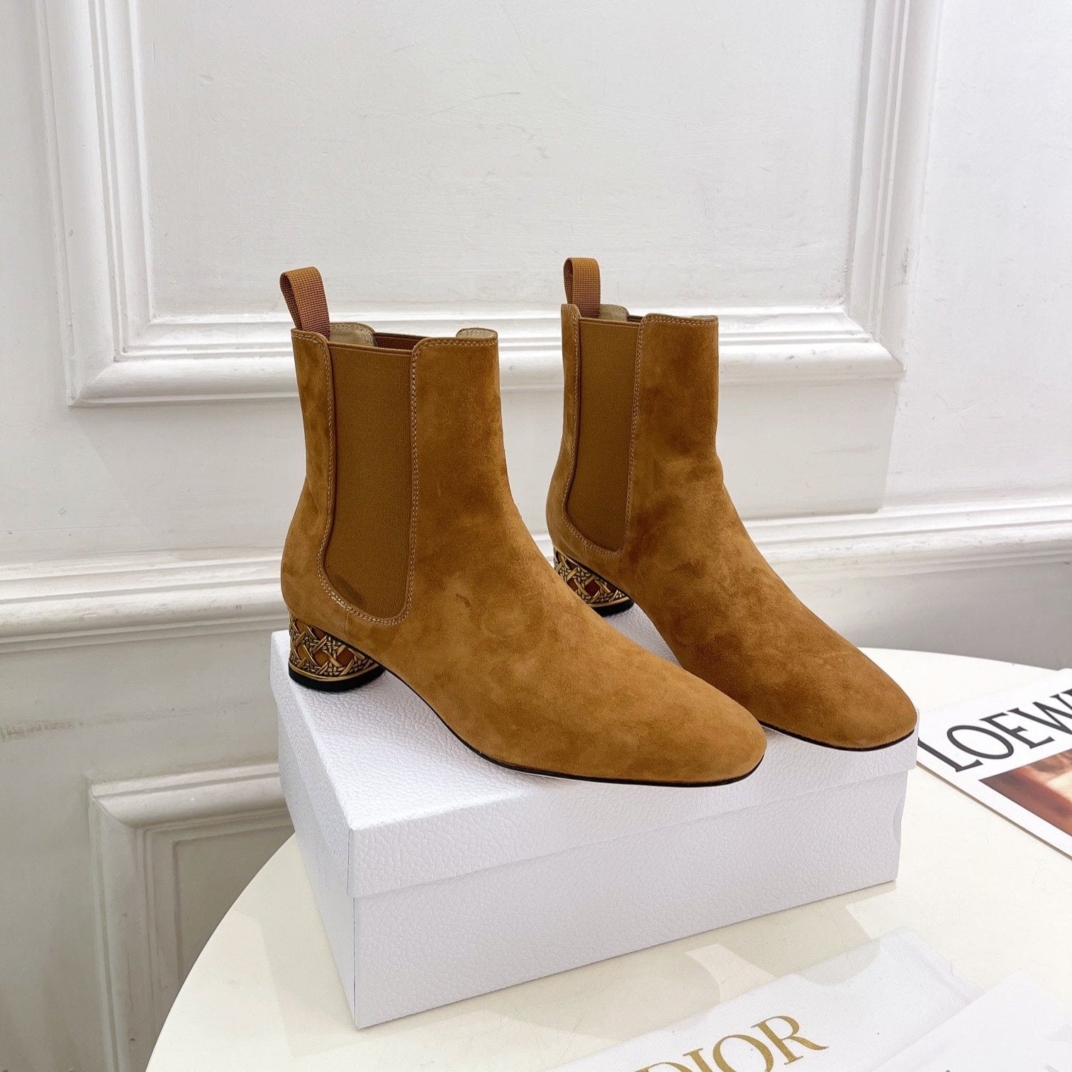 DIOR Icon Heeled Ankle Boot 40mm Brown Orange Suede