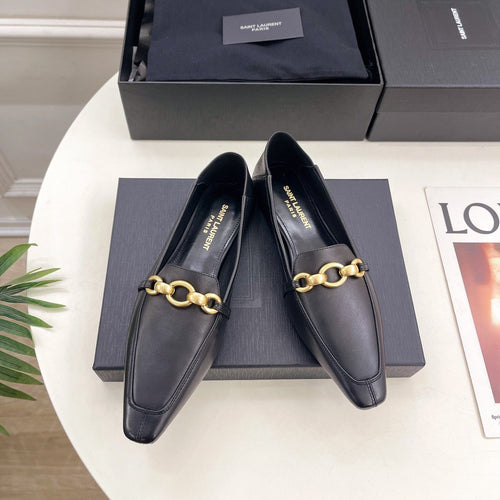 Saint Laurent FLAT LOAFERS WITH GOLD CHAIN IN BLACK SMOOTH CALFSKIN