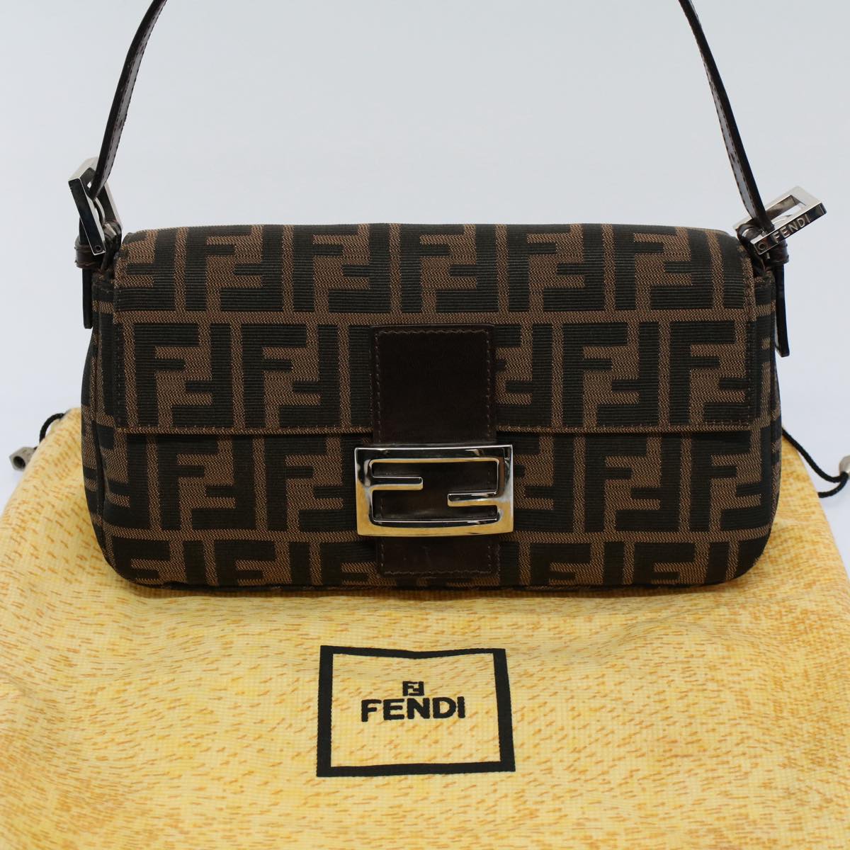 FENDI Zucca Canvas Mamma Baguette Shoulder Bag Black Brownki3598