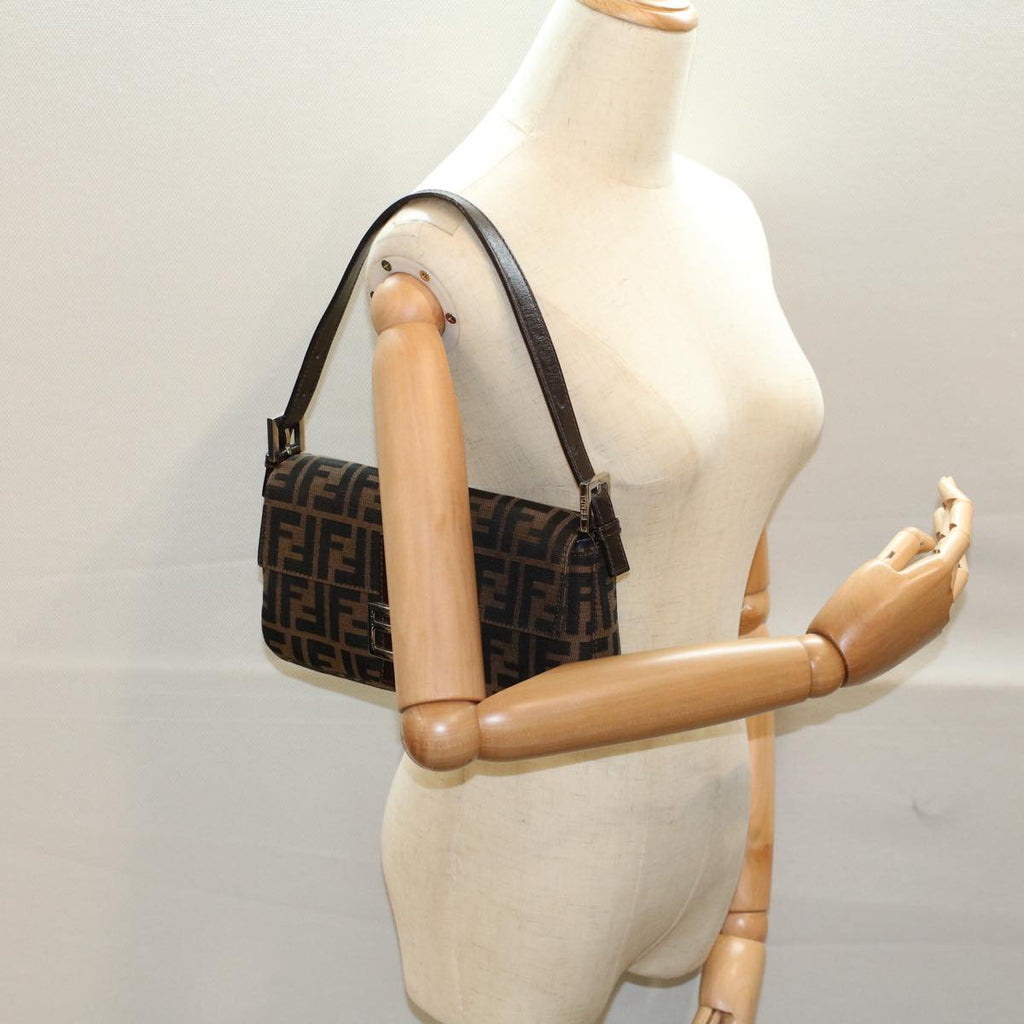 FENDI Zucca Canvas Mamma Baguette Shoulder Bag Black Brownki3598