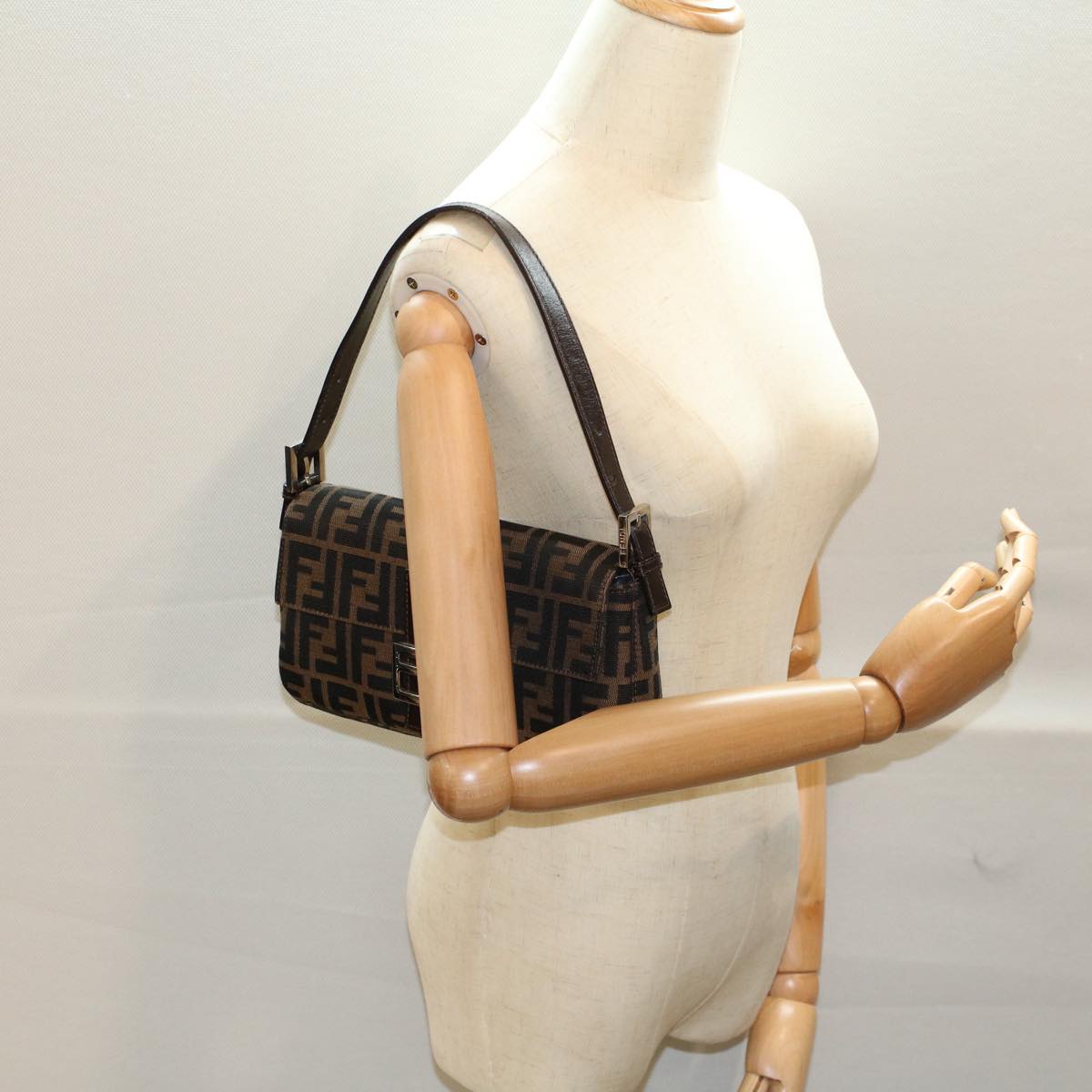 FENDI Zucca Canvas Mamma Baguette Shoulder Bag Black Brownki3598