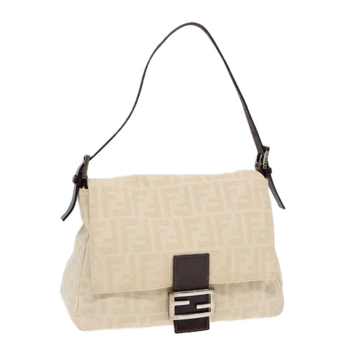 FENDI Mamma Baguette Shoulder Bag Canvas Leather White Brown Silverki4797