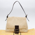 FENDI Mamma Baguette Shoulder Bag Canvas Leather White Brown Silverki4797