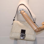FENDI Mamma Baguette Shoulder Bag Canvas Leather White Brown Silverki4797