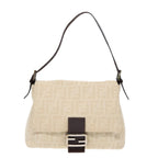 FENDI Mamma Baguette Shoulder Bag Canvas Leather White Brown Silverki4797