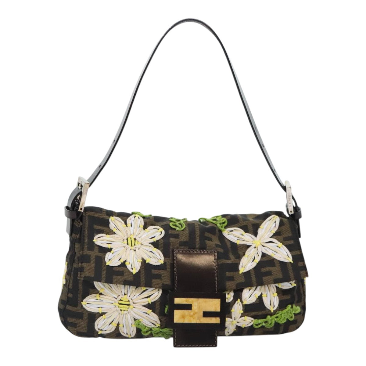 FENDI Zucca Canvas Flower Embroidery Mamma Baguette Bag Black Brownki4974