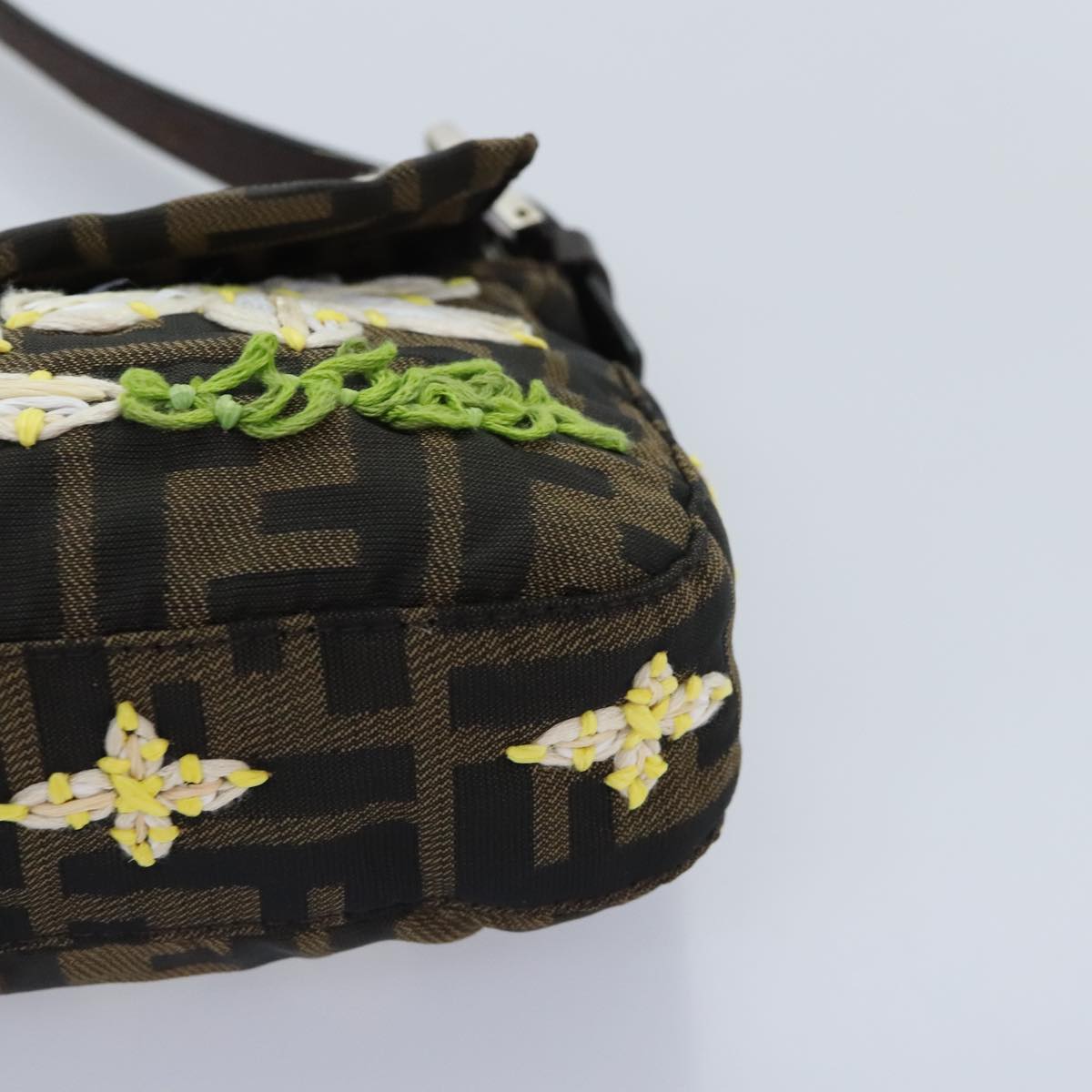 FENDI Zucca Canvas Flower Embroidery Mamma Baguette Bag Black Brownki4974