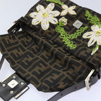 FENDI Zucca Canvas Flower Embroidery Mamma Baguette Bag Black Brownki4974
