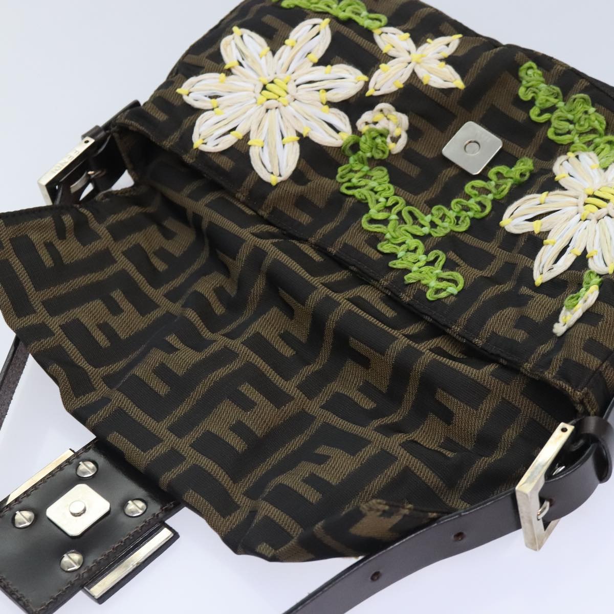 FENDI Zucca Canvas Flower Embroidery Mamma Baguette Bag Black Brownki4974